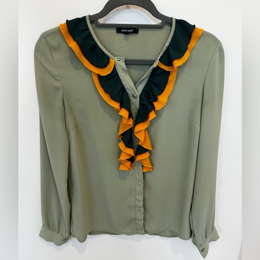 Denny Rose Green Yellow Long Sleeves Ruffle Blouse